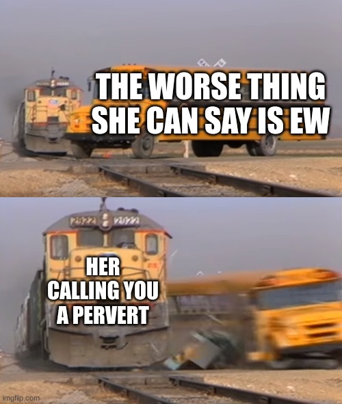 Sersly Why would a girl do that | THE WORSE THING SHE CAN SAY IS EW; HER CALLING YOU A PERVERT | image tagged in a train hitting a school bus,pervert,not really,why is the fbi here | made w/ Imgflip meme maker
