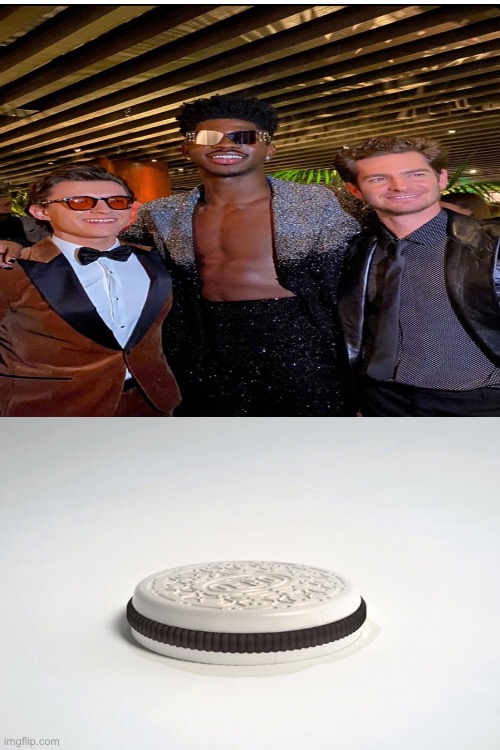 Reverse Oreo | image tagged in tom holland,andrew garfield,lil nas x,spiderman,oreo,memes | made w/ Imgflip meme maker