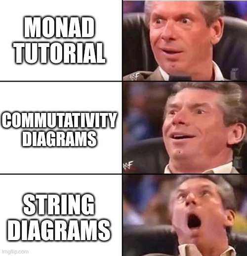 Vince McMahon | MONAD TUTORIAL; COMMUTATIVITY DIAGRAMS; STRING DIAGRAMS | image tagged in vince mcmahon | made w/ Imgflip meme maker