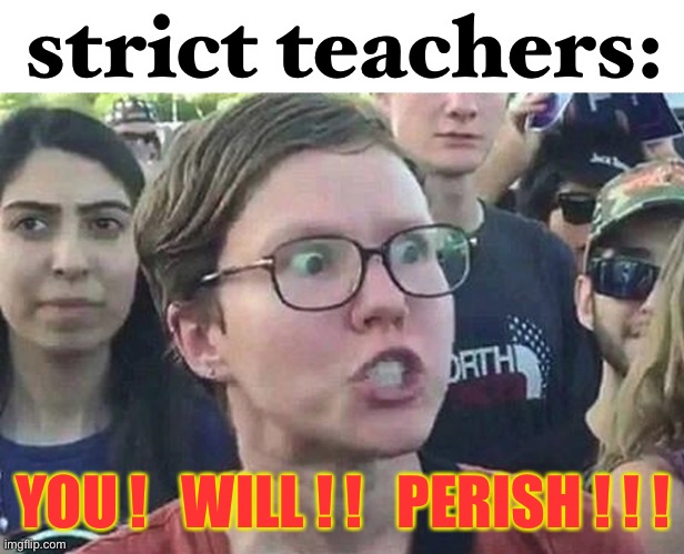 Triggered Liberal | strict teachers: YOU !   WILL ! !   PERISH ! ! ! | image tagged in triggered liberal | made w/ Imgflip meme maker