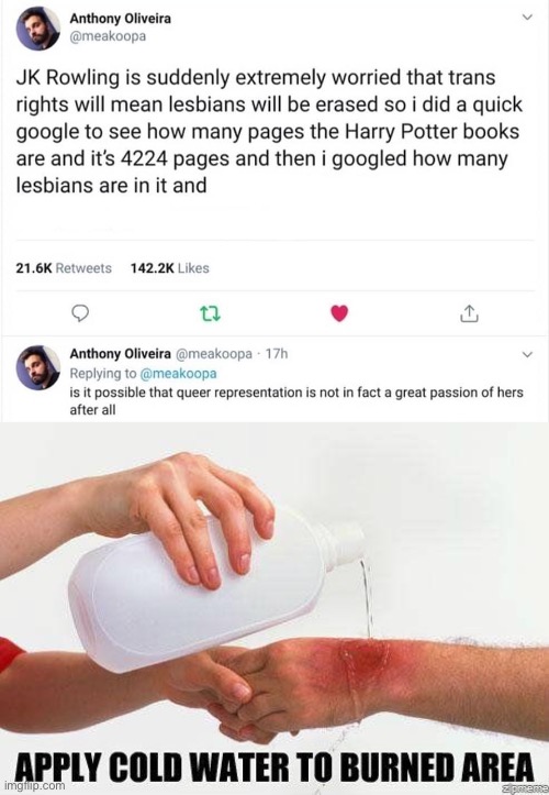 Oof | image tagged in j k rowling burn,apply cold water to burned area,j k rowling,transphobic,harry potter,twitter | made w/ Imgflip meme maker