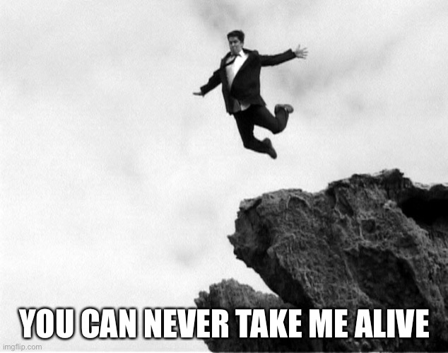 Man Jumping Off a Cliff | YOU CAN NEVER TAKE ME ALIVE | image tagged in man jumping off a cliff | made w/ Imgflip meme maker