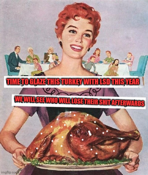 Turkey | TIME TO GLAZE THIS TURKEY WITH LSD THIS YEAR; WE WILL SEE WHO WILL LOSE THEIR SHIT AFTERWARDS | image tagged in drugs,lsd,purple micro dot,fentanyl,krokodil | made w/ Imgflip meme maker