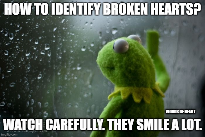 awesome movement | HOW TO IDENTIFY BROKEN HEARTS? WATCH CAREFULLY. THEY SMILE A LOT. WORDS OF HEART | image tagged in kermit window | made w/ Imgflip meme maker