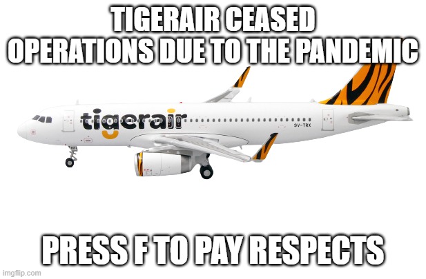 :( | TIGERAIR CEASED OPERATIONS DUE TO THE PANDEMIC; PRESS F TO PAY RESPECTS | image tagged in tigerair a320 | made w/ Imgflip meme maker