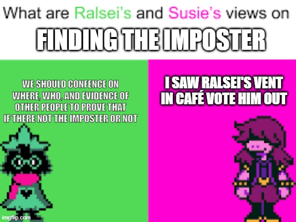 Ralsei and Susie | FINDING THE IMPOSTER WE SHOULD CONFENCE ON WHERE, WHO, AND EVIDENCE OF OTHER PEOPLE TO PROVE THAT IF THERE NOT THE IMPOSTER OR NOT I SAW RAL | image tagged in ralsei and susie | made w/ Imgflip meme maker