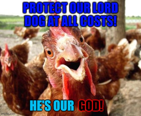 Chicken | PROTECT OUR LORD DOG AT ALL COSTS! HE'S OUR GOD! | image tagged in chicken | made w/ Imgflip meme maker