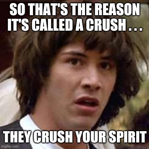 Conspiracy Keanu Meme | SO THAT'S THE REASON IT'S CALLED A CRUSH . . . THEY CRUSH YOUR SPIRIT | image tagged in memes,conspiracy keanu | made w/ Imgflip meme maker