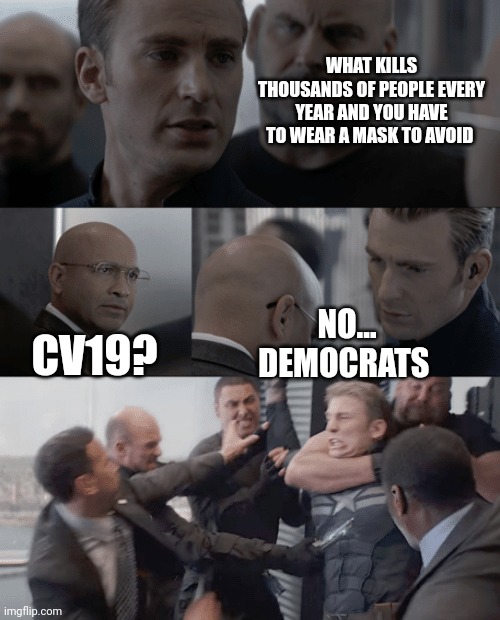 Captain america elevator | WHAT KILLS THOUSANDS OF PEOPLE EVERY YEAR AND YOU HAVE TO WEAR A MASK TO AVOID; CV19? NO...
DEMOCRATS | image tagged in captain america elevator | made w/ Imgflip meme maker
