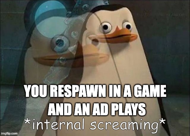 Private Internal Screaming | AND AN AD PLAYS; YOU RESPAWN IN A GAME | image tagged in rico internal screaming,stupid ads,respawn,gaming,fps,shooting | made w/ Imgflip meme maker