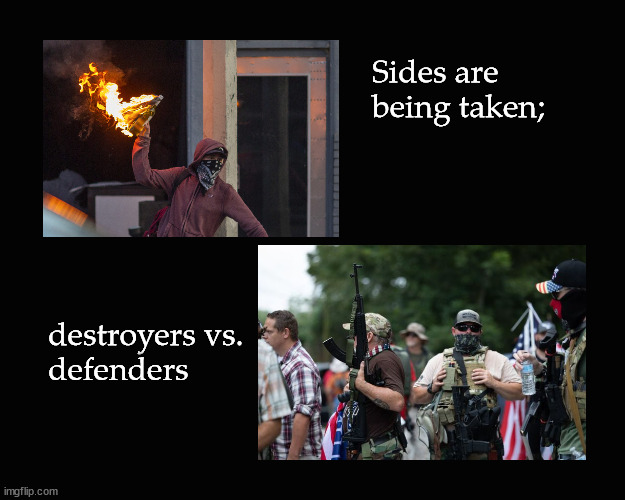 Sides are  being taken ... | Sides are 
being taken;; destroyers vs. 
defenders | image tagged in citzen militias | made w/ Imgflip meme maker