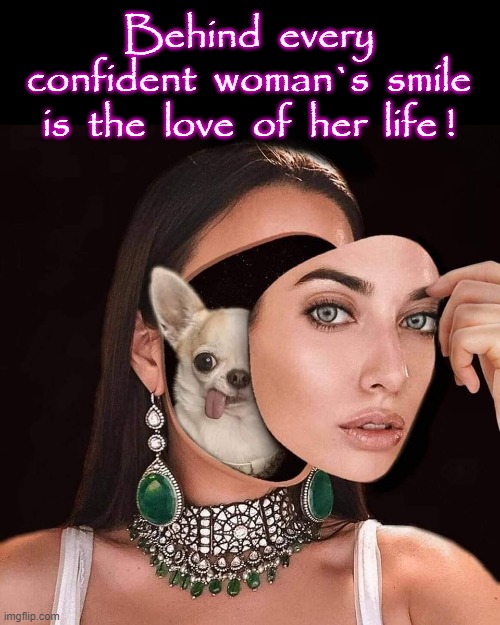 Behind the smile ! | Behind  every
confident  woman`s  smile
is  the  love  of  her  life ! | image tagged in pug love | made w/ Imgflip meme maker