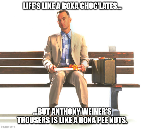 Anthony Weiner's Forest |  LIFE'S LIKE A BOXA CHOC'LATES... ...BUT ANTHONY WEINER'S TROUSERS IS LIKE A BOXA PEE NUTS. | image tagged in anthony weiner,a peanut in anthony weiner's forest,anthony weiner's pee nuts | made w/ Imgflip meme maker