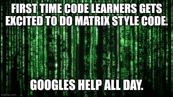 Programming? | FIRST TIME CODE LEARNERS GETS EXCITED TO DO MATRIX STYLE CODE. GOOGLES HELP ALL DAY. | image tagged in matrix code,coding,programming | made w/ Imgflip meme maker