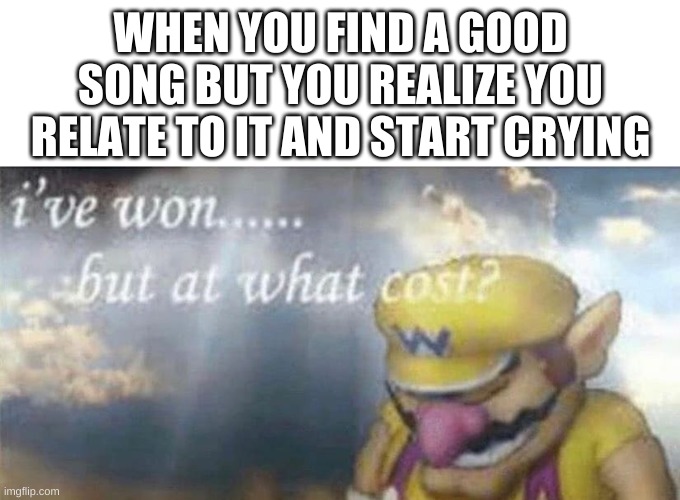 ive won but at what cost | WHEN YOU FIND A GOOD SONG BUT YOU REALIZE YOU RELATE TO IT AND START CRYING | image tagged in ive won but at what cost | made w/ Imgflip meme maker