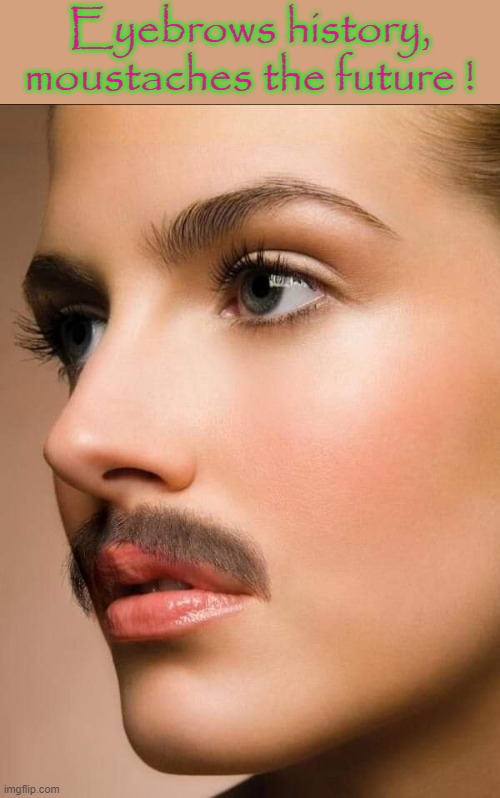 Eyebrows are passe ! | Eyebrows history,
moustaches the future ! | image tagged in moustache | made w/ Imgflip meme maker