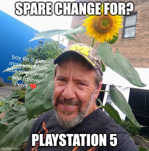 Peter Plant | SPARE CHANGE FOR? PLAYSTATION 5 | image tagged in peter plant,begging,upvote begging | made w/ Imgflip meme maker