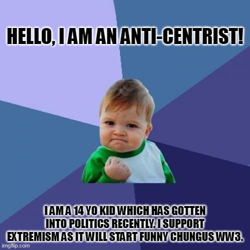 Success Kid | HELLO, I AM AN ANTI-CENTRIST! I AM A 14 YO KID WHICH HAS GOTTEN INTO POLITICS RECENTLY. I SUPPORT EXTREMISM AS IT WILL START FUNNY CHUNGUS WW3. | image tagged in memes,success kid,bruh moment | made w/ Imgflip meme maker