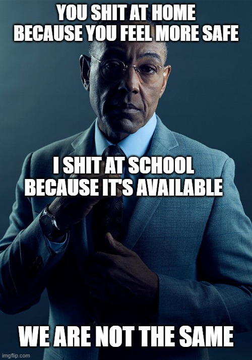I am greater | YOU SHIT AT HOME BECAUSE YOU FEEL MORE SAFE; I SHIT AT SCHOOL BECAUSE IT'S AVAILABLE; WE ARE NOT THE SAME | image tagged in gus fring we are not the same | made w/ Imgflip meme maker