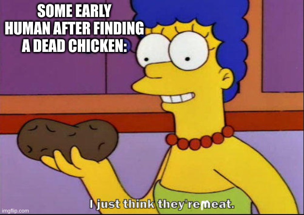Who thought of this |  SOME EARLY HUMAN AFTER FINDING A DEAD CHICKEN: | image tagged in i just think they're neat,memes,chicken,caveman | made w/ Imgflip meme maker