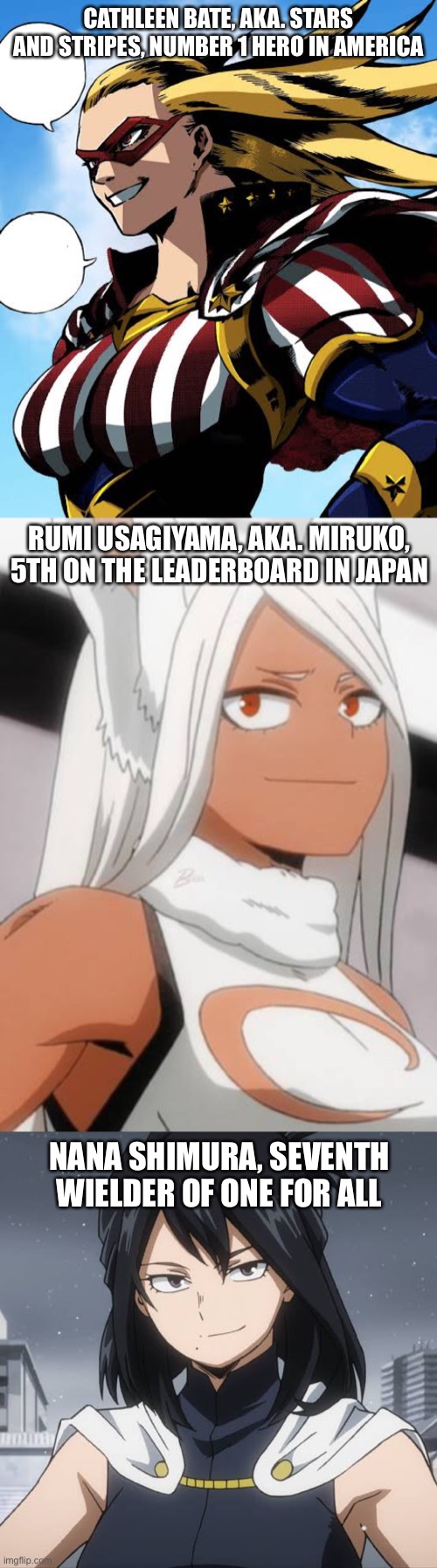 Some of the most powerful heroines in MHA. And they said anime was sexist! | CATHLEEN BATE, AKA. STARS AND STRIPES, NUMBER 1 HERO IN AMERICA; RUMI USAGIYAMA, AKA. MIRUKO, 5TH ON THE LEADERBOARD IN JAPAN; NANA SHIMURA, SEVENTH WIELDER OF ONE FOR ALL | made w/ Imgflip meme maker