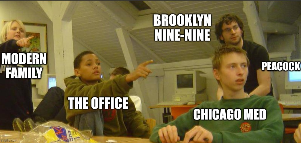 Peacock | BROOKLYN NINE-NINE; PEACOCK; MODERN FAMILY; THE OFFICE; CHICAGO MED | image tagged in what you pointing at | made w/ Imgflip meme maker