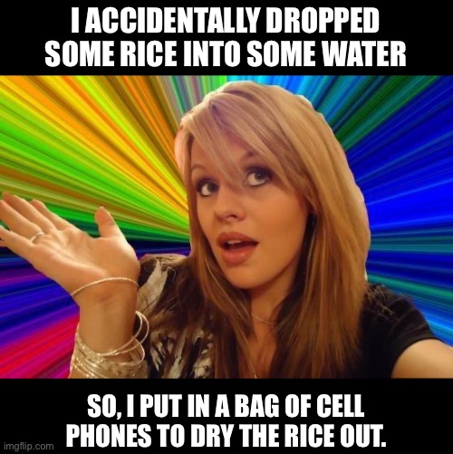 Rice |  I ACCIDENTALLY DROPPED SOME RICE INTO SOME WATER; SO, I PUT IN A BAG OF CELL PHONES TO DRY THE RICE OUT. | image tagged in memes,dumb blonde | made w/ Imgflip meme maker
