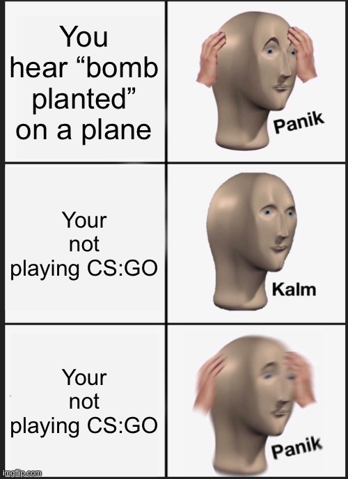 Not sure what to do there bud | You hear “bomb planted” on a plane; Your not playing CS:GO; Your not playing CS:GO | image tagged in memes,panik kalm panik | made w/ Imgflip meme maker