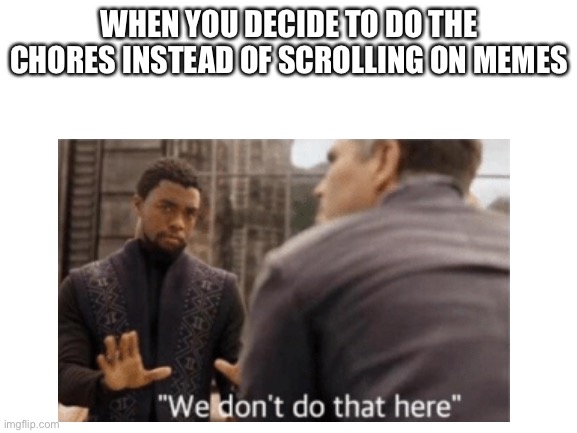 Me |  WHEN YOU DECIDE TO DO THE CHORES INSTEAD OF SCROLLING ON MEMES | image tagged in avengers | made w/ Imgflip meme maker
