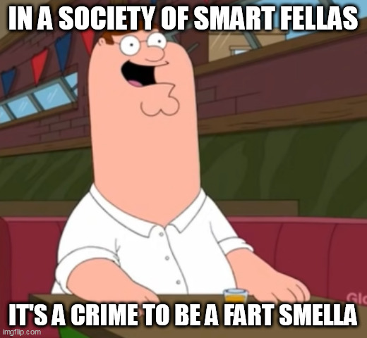 IN A SOCIETY OF SMART FELLAS; IT'S A CRIME TO BE A FART SMELLA | made w/ Imgflip meme maker