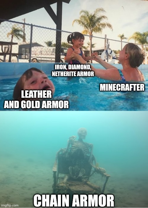 Minecraft Armor be Like |  IRON, DIAMOND, NETHERITE ARMOR; MINECRAFTER; LEATHER AND GOLD ARMOR; CHAIN ARMOR | image tagged in swimming pool kids | made w/ Imgflip meme maker