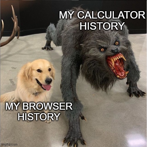 calculators are always worse | MY CALCULATOR HISTORY; MY BROWSER HISTORY | image tagged in dog vs werewolf | made w/ Imgflip meme maker