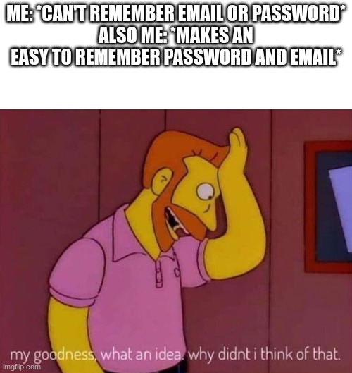 Me rn. | ME: *CAN'T REMEMBER EMAIL OR PASSWORD*
ALSO ME: *MAKES AN EASY TO REMEMBER PASSWORD AND EMAIL* | image tagged in my goodness what an idea why didn't i think of that | made w/ Imgflip meme maker