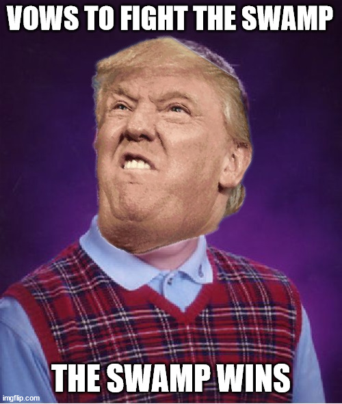 He's gone, the swamp is worse than ever :-( | VOWS TO FIGHT THE SWAMP; THE SWAMP WINS | image tagged in drain the swamp,trump,donald trump,bad luck brian | made w/ Imgflip meme maker