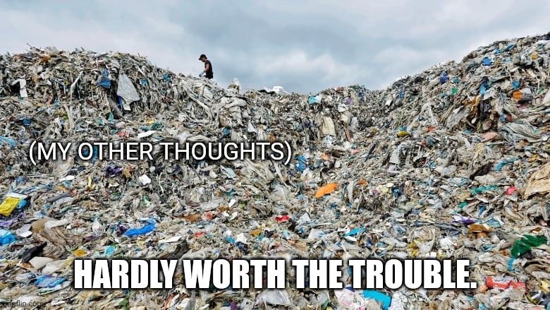 rubbish dump | (MY OTHER THOUGHTS) HARDLY WORTH THE TROUBLE. | image tagged in rubbish dump | made w/ Imgflip meme maker