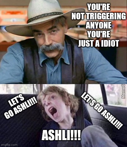 YOU'RE NOT TRIGGERING ANYONE YOU'RE JUST A IDIOT; LET'S GO ASHLI!!! LET'S GO ASHLI!!! ASHLI!!! | image tagged in why can't you just be normal blank | made w/ Imgflip meme maker