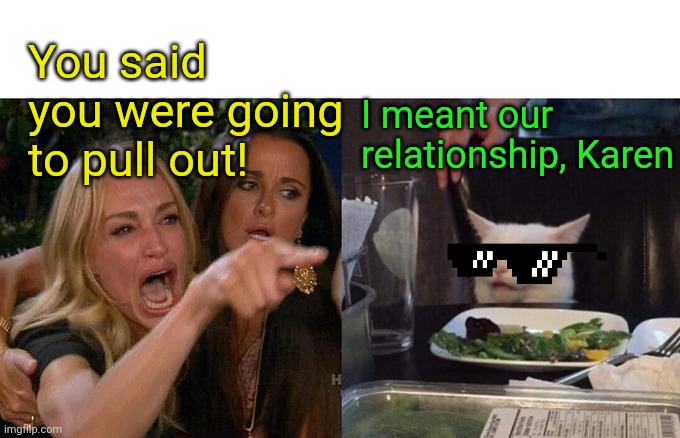 Woman Yelling At Cat Meme | You said you were going to pull out! I meant our relationship, Karen | image tagged in memes,woman yelling at cat | made w/ Imgflip meme maker