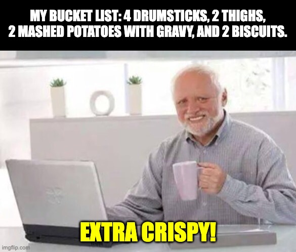 Bucket List | MY BUCKET LIST: 4 DRUMSTICKS, 2 THIGHS, 2 MASHED POTATOES WITH GRAVY, AND 2 BISCUITS. EXTRA CRISPY! | image tagged in harold | made w/ Imgflip meme maker