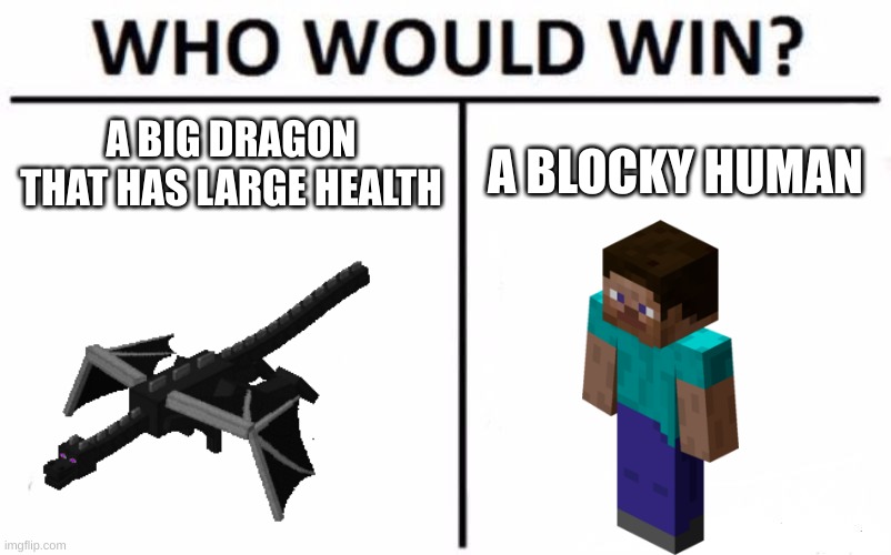 who would win? | A BIG DRAGON THAT HAS LARGE HEALTH; A BLOCKY HUMAN | image tagged in memes,who would win | made w/ Imgflip meme maker