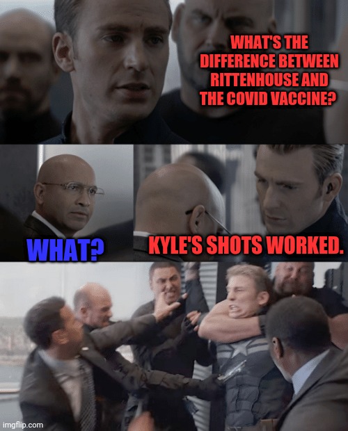 Captain america elevator | WHAT'S THE DIFFERENCE BETWEEN RITTENHOUSE AND THE COVID VACCINE? KYLE'S SHOTS WORKED. WHAT? | image tagged in captain america elevator | made w/ Imgflip meme maker