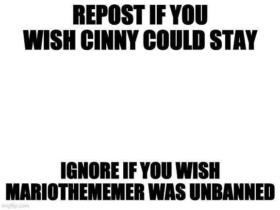 Blank White Template | REPOST IF YOU WISH CINNY COULD STAY; IGNORE IF YOU WISH MARIOTHEMEMER WAS UNBANNED | image tagged in blank white template,memes,imgflip | made w/ Imgflip meme maker