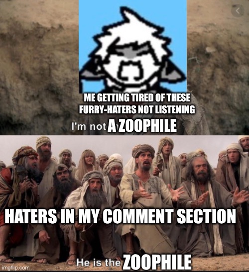 Im peacefully trying to upload unrelated content and these guys won’t shut up | ME GETTING TIRED OF THESE FURRY-HATERS NOT LISTENING; A ZOOPHILE; HATERS IN MY COMMENT SECTION; ZOOPHILE | image tagged in i'm not the messiah,furry memes,furry,anti furry,the furry fandom,comment section | made w/ Imgflip meme maker