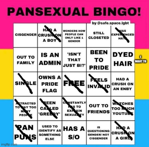 Im thinking of dying my hair blue soon | I WANT TO | image tagged in pansexual bingo,repost | made w/ Imgflip meme maker