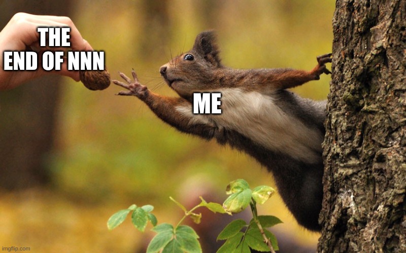 almost there | THE END OF NNN; ME | image tagged in squirrel reaching for nut,memes,imgflip | made w/ Imgflip meme maker