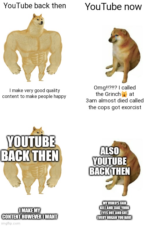 YouTube back then YouTube now I make very good quality content to make people happy Omg!!?!!? I called the Grinch? at 3am almost died called | image tagged in memes,buff doge vs cheems | made w/ Imgflip meme maker
