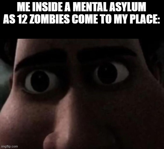 Titan stare | ME INSIDE A MENTAL ASYLUM AS 12 ZOMBIES COME TO MY PLACE: | image tagged in titan stare | made w/ Imgflip meme maker