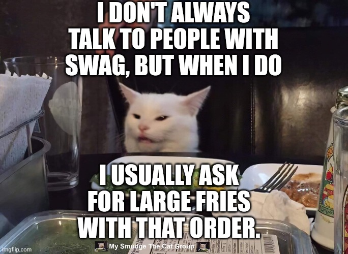 I DON'T ALWAYS TALK TO PEOPLE WITH SWAG, BUT WHEN I DO; I USUALLY ASK FOR LARGE FRIES WITH THAT ORDER. | image tagged in smudge the cat | made w/ Imgflip meme maker