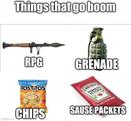Creative title | Things that go boom; GRENADE; RPG; SAUSE PACKETS; CHIPS | image tagged in basic four panel meme,chips,explosion,explode,ketchup | made w/ Imgflip meme maker