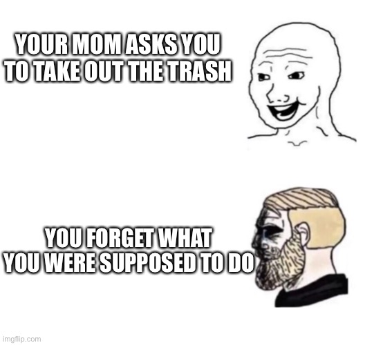 :D i made one like this before | YOUR MOM ASKS YOU TO TAKE OUT THE TRASH; YOU FORGET WHAT YOU WERE SUPPOSED TO DO | image tagged in happy vs crying c | made w/ Imgflip meme maker