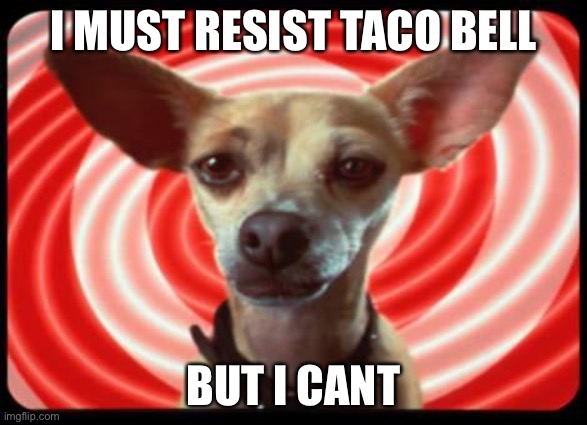hELP mE |  I MUST RESIST TACO BELL; BUT I CANT | image tagged in taco bell dog | made w/ Imgflip meme maker
